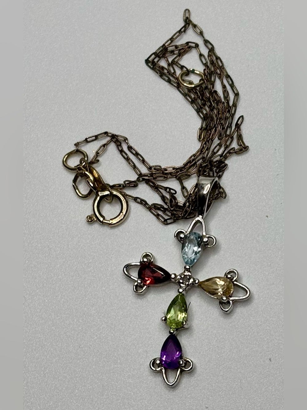 Vintage Ross Simons RSE Silver Multi Gem Cross Pendant Two Tone 14K GF Chain - Picture 3 of 9